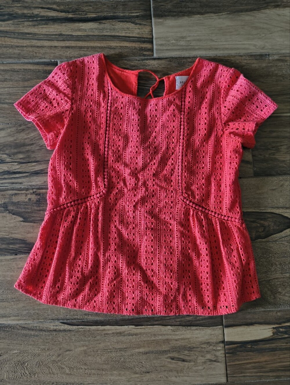 Sezane Orange Red Coral Short Sleeve Knit 100% Cotton Peplum Tie Shirt Blouse M